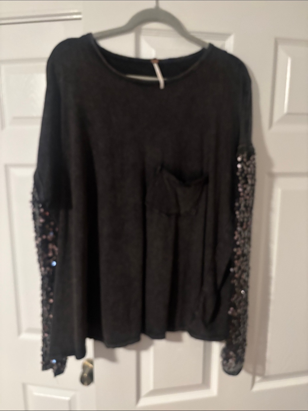 Free People Black/Gray Long-Sleeve Top with Sequin Sleeves